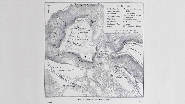 1915 plan of the Malleiten showing archaeological sites, © Plan der Malleiten von 1915 mit archäologischen Fundpunkten